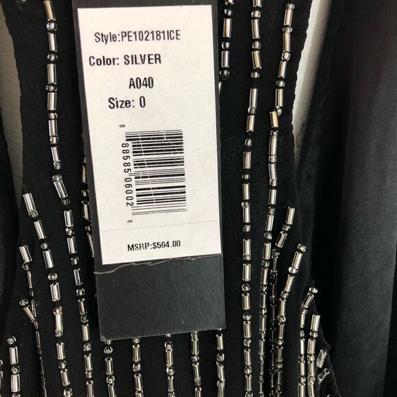 NWT Parker Theron Liquid Silver Beaded Dress 0 New with Tags Black Vneck Split - Picture 5 of 8